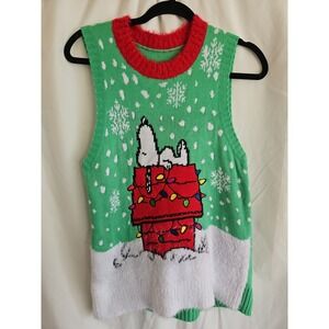 Peanuts‎ Snoopy Christmas Sweater Vest Women's Small Green Doghouse Holiday